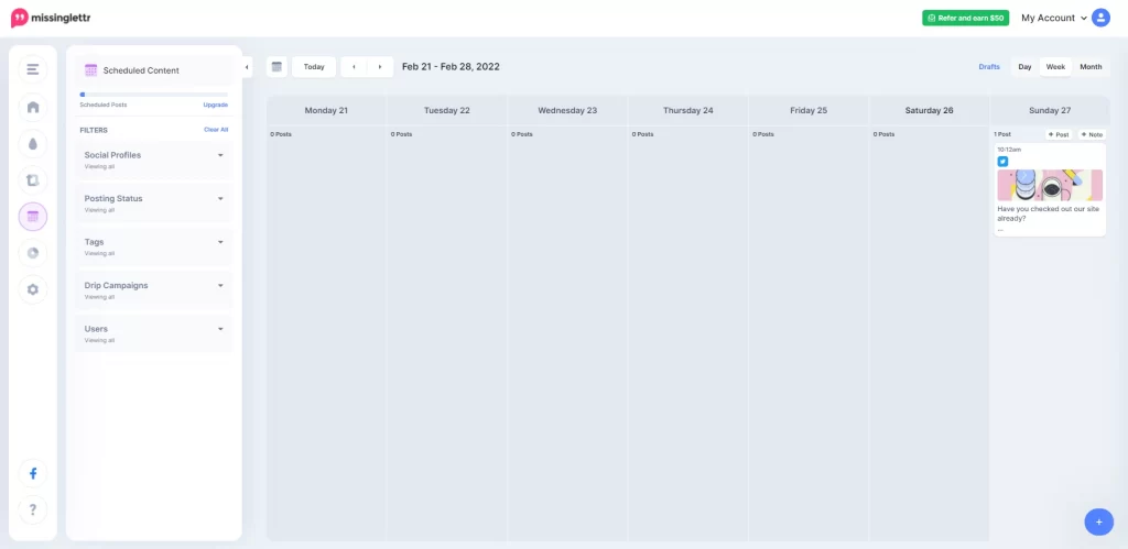 Missinglettr scheduled posts calendar view